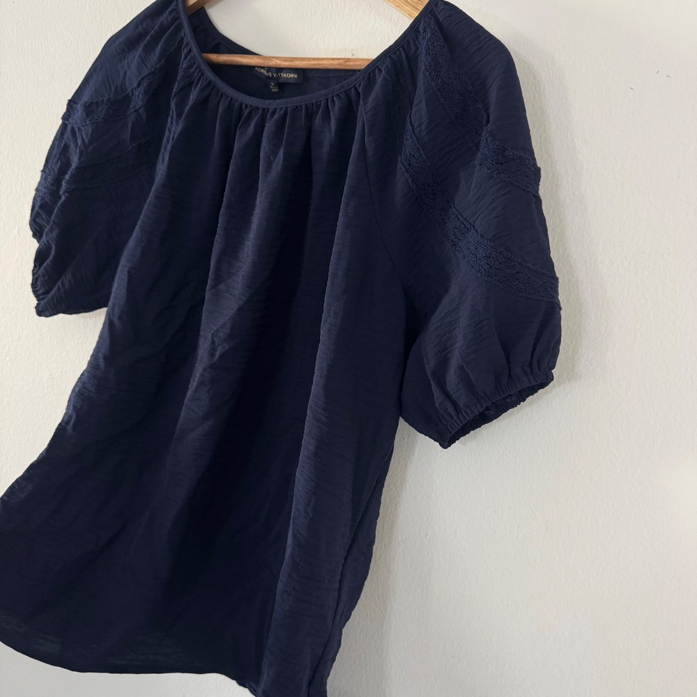 Navy Blue Lace Trim Puff Sleeve Textured Blouse Top Medium Boho Cottage Summer